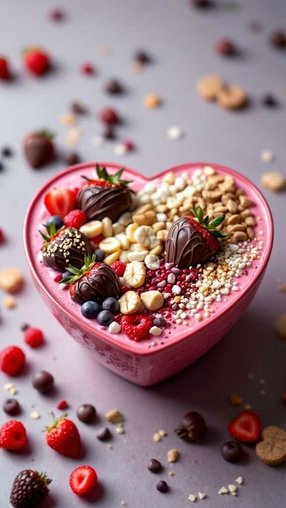 A heart-shaped smoothie bowl topped with chocolate-covered strawberries, granola, and various berries.