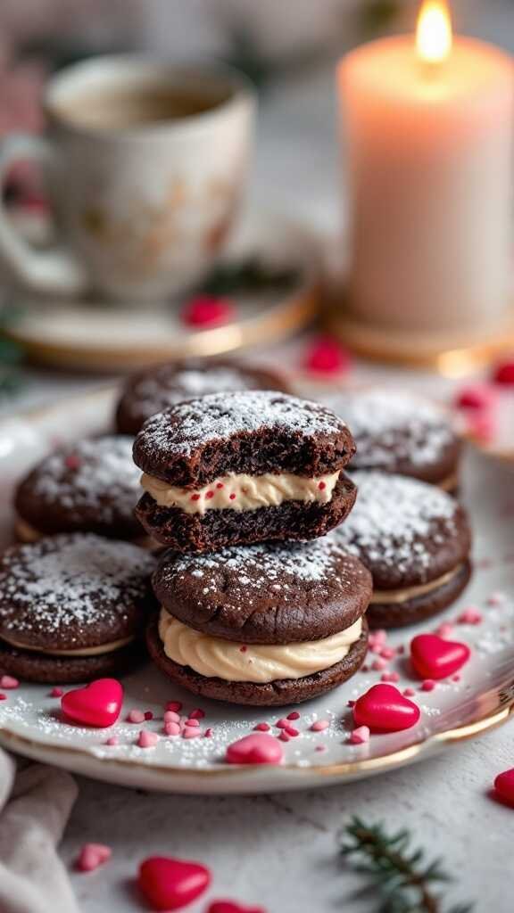 Brownie cookies filled with cream and decorated for Valentine's Day