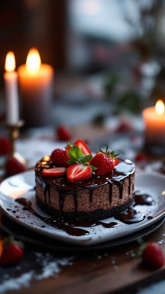 A beautifully presented chocolate cheesecake topped with strawberries and chocolate drizzle