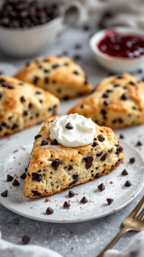 Chocolate chip scones on a plate with clotted cream and chocolate chips scattered around