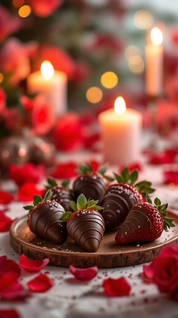Delicious chocolate covered strawberries on a wooden plate, surrounded by rose petals and candles, perfect for Valentine's Day.