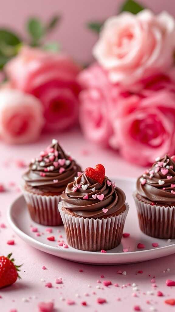 Delicious chocolate covered strawberry cupcakes decorated with pink and white sprinkles, perfect for Valentine's Day.