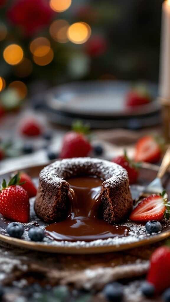 Delicious chocolate lava cake with molten center and fresh berries