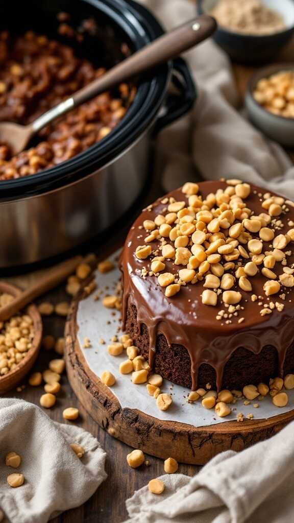 A delicious vegan chocolate peanut butter cake topped with peanuts, with a crockpot in the background.