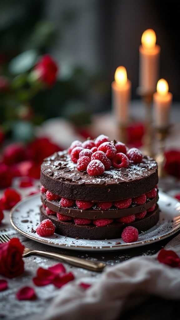 A beautifully arranged Chocolate Raspberry Cake, showcasing layers of chocolate with fresh raspberries on top.