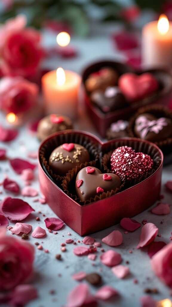 Box of heart-shaped chocolate truffles with decorative toppings