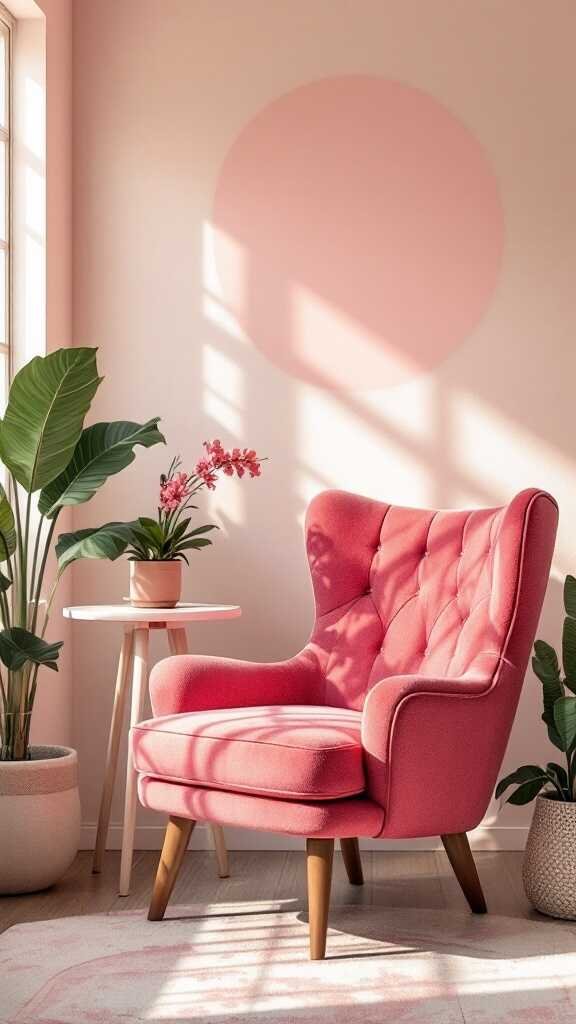 A bright pink chair in a home office setting with plants and sunlight.