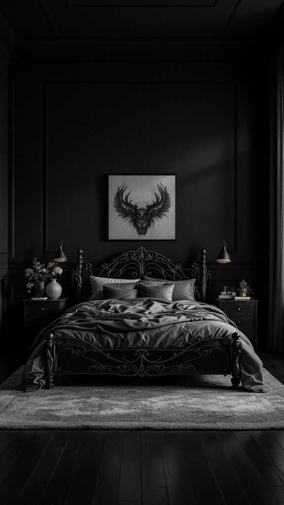 A moody bedroom featuring an ornate black bed frame, dark walls, and matching decor.