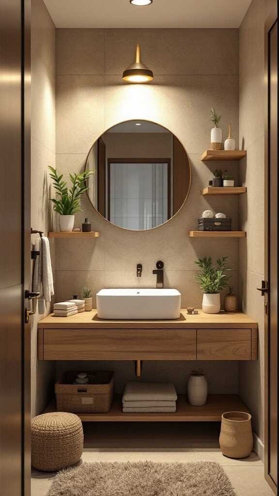 A modern small bathroom featuring a floating vanity, round mirror, and wall shelving.