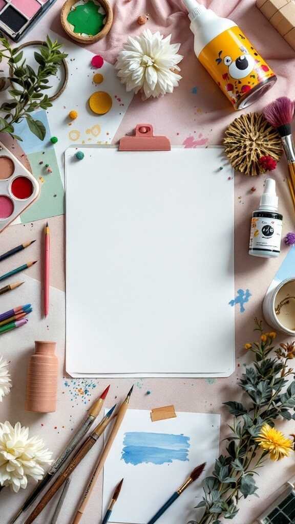 A variety of art supplies arranged on a pink fabric, including brushes, paint, and flowers.
