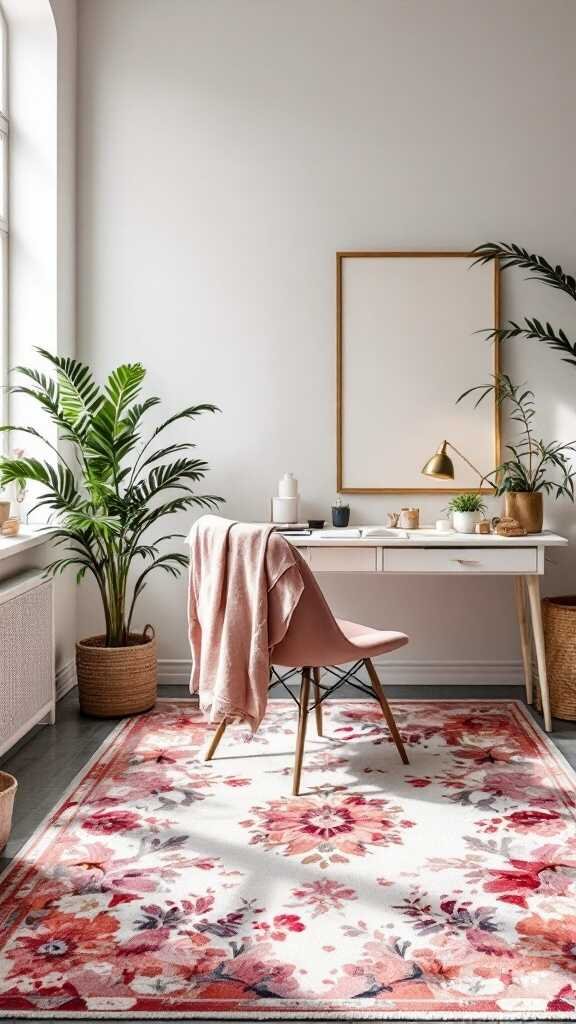 A feminine home office featuring a floral rug, a pink chair, a desk, and indoor plants.