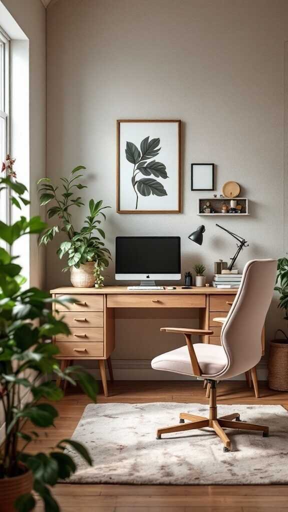 A feminine home office featuring a stylish wooden desk, a comfortable chair, and various plants for a refreshing touch.