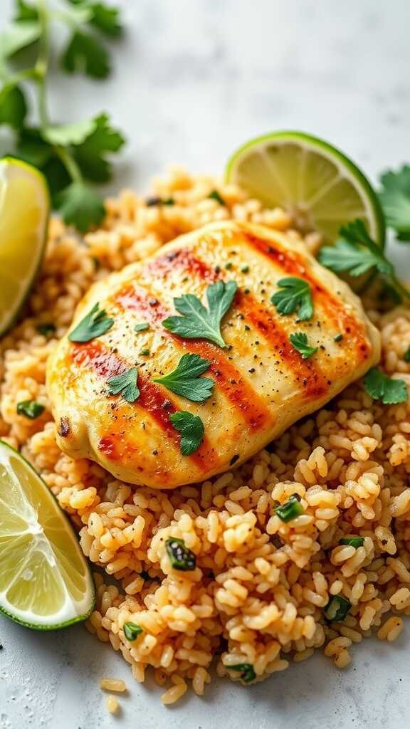 Cilantro chicken served with quinoa and lime slices.