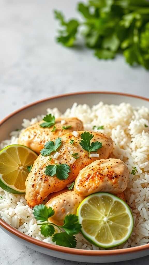 Plate of cilantro lime chicken served with rice and garnished with lime and cilantro