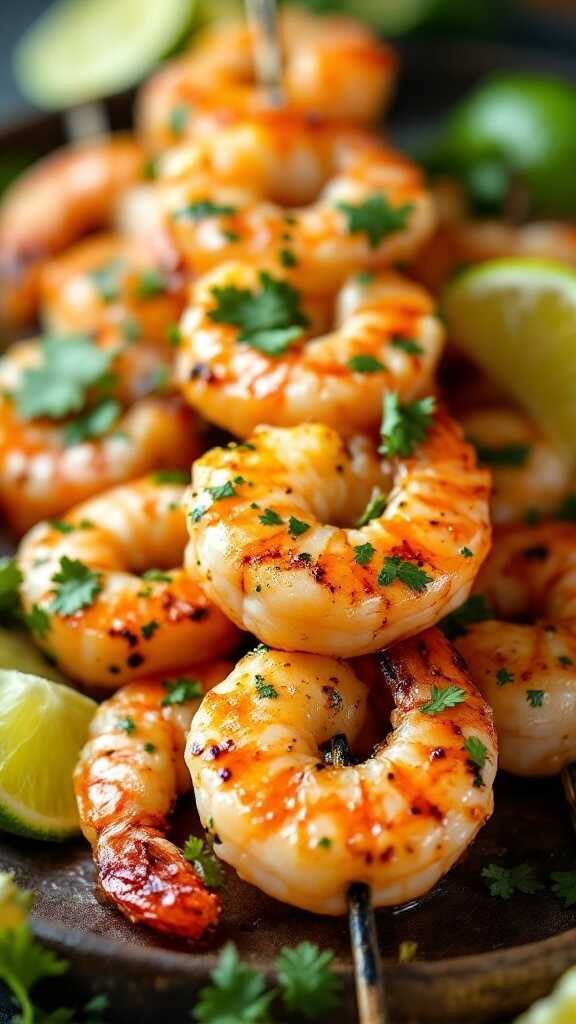 Cilantro Lime Grilled Shrimp skewers garnished with cilantro and lime