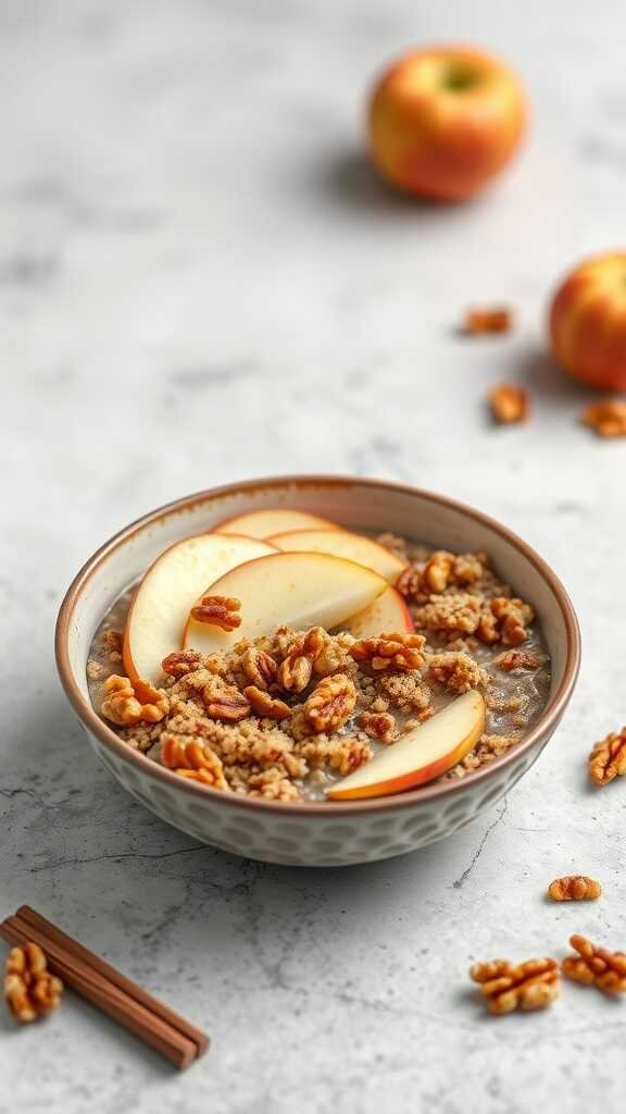 A bowl of cinnamon apple overnight quinoa topped with apple slices and nuts.