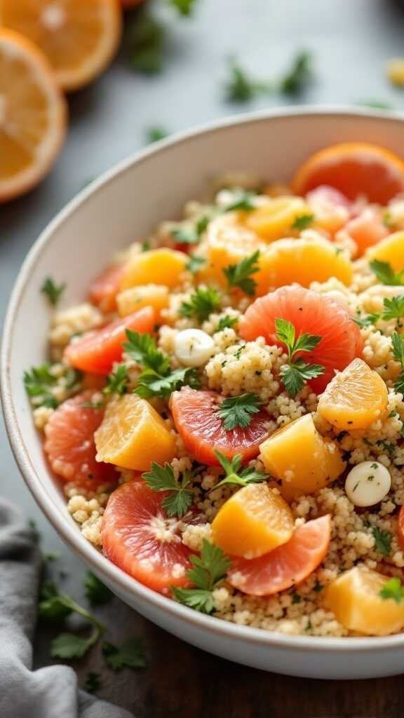 A vibrant citrus quinoa salad with colorful fruits and greens in a bowl.