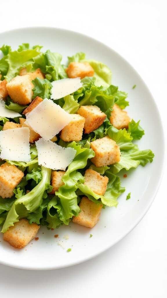 A fresh salad with crisp green lettuce, golden-brown croutons, and shaved Parmesan cheese on a white plate. The scene is bright and appetizing.