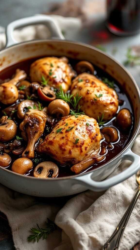 A delicious serving of classic Coq au Vin chicken dish with mushrooms and herbs.