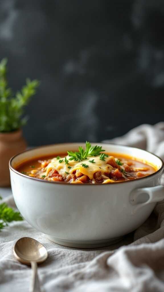 A delicious bowl of classic French onion soup topped with melted cheese and garnished with parsley.