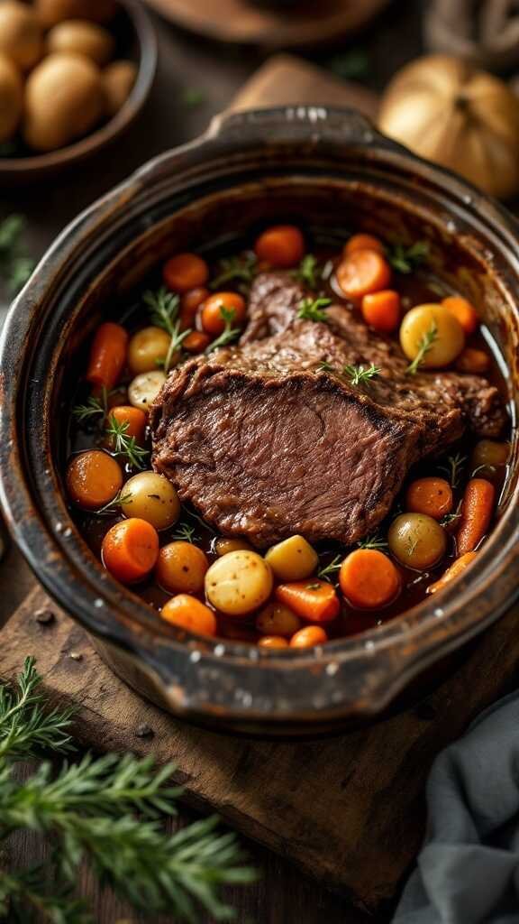 A delicious classic pot roast with carrots and potatoes in a crockpot.