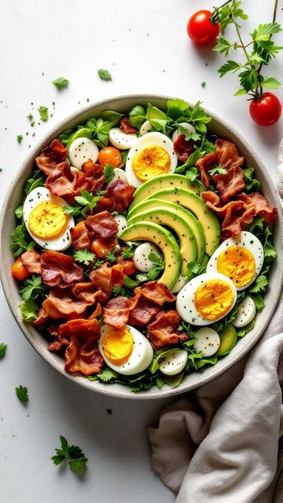 A delicious Cobb Salad with hard-boiled eggs, bacon, and avocado.