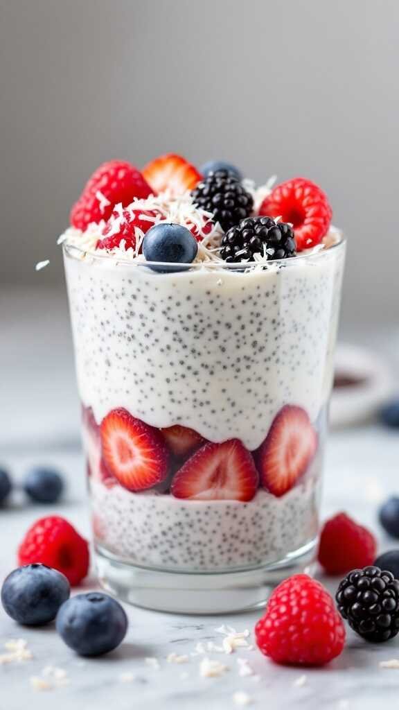 A delicious coconut chia seed pudding topped with fresh berries and shredded coconut.