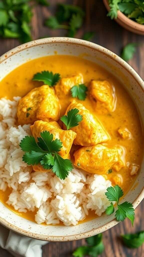 Bowl of Coconut Curry Chicken served with rice and garnished with cilantro