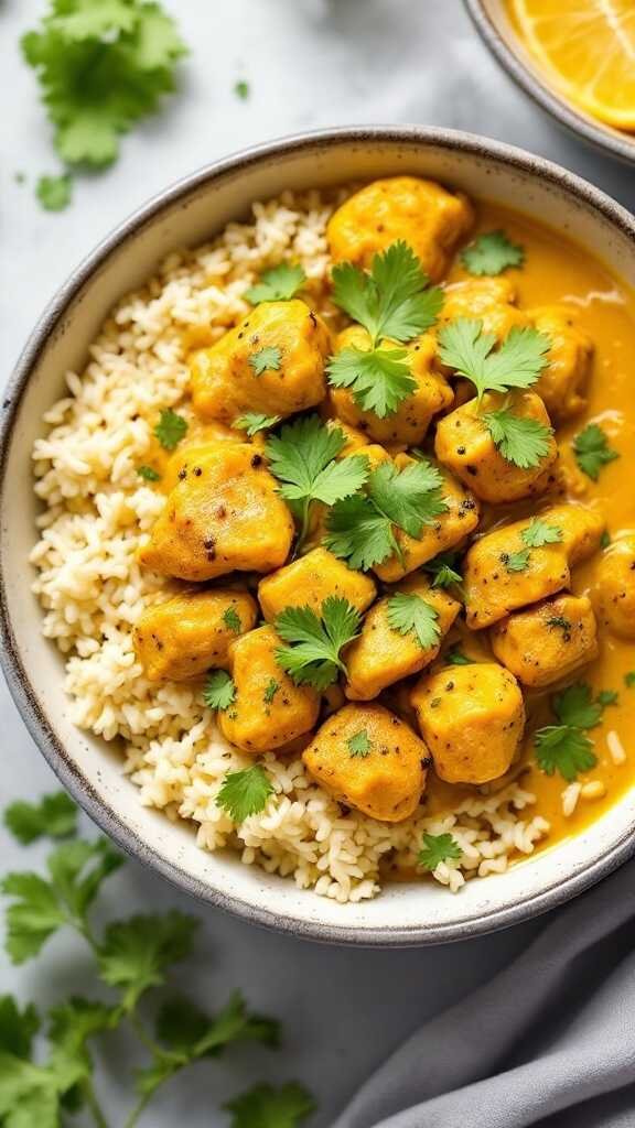 A bowl of Coconut Curry Chicken served on rice with cilantro garnish.