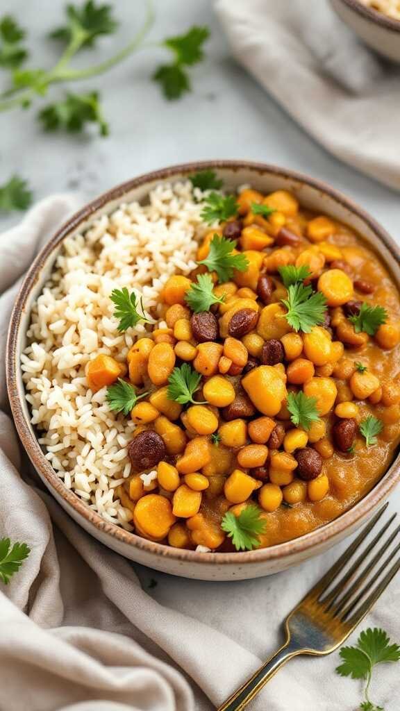 A bowl of Coconut Curry Lentil Bowl with rice and fresh cilantro.