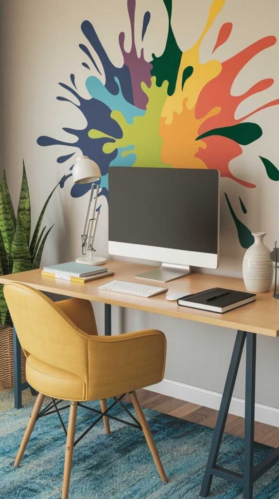 A cozy modern home office with colorful splash wall art and a yellow chair.
