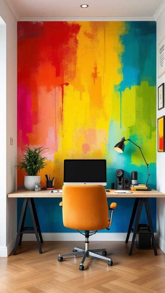A vibrant home office with a colorful accent wall featuring a mix of red, yellow, blue, and green hues.