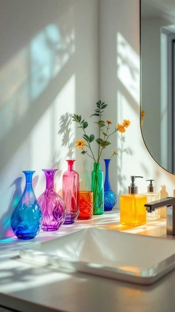Colorful glass vases with flowers in a modern small bathroom