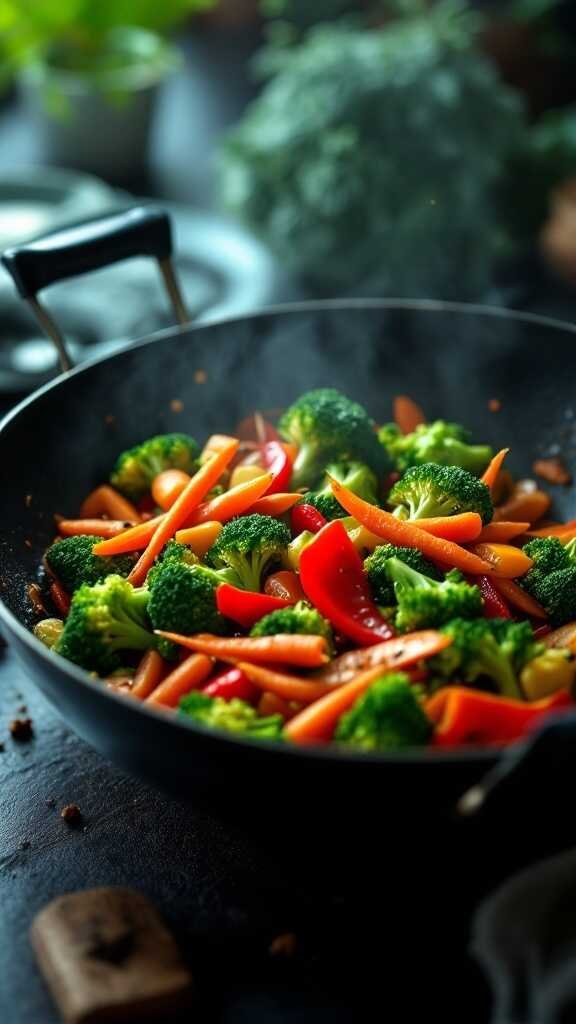 A colorful assortment of vegetables stir-fried in a skillet.