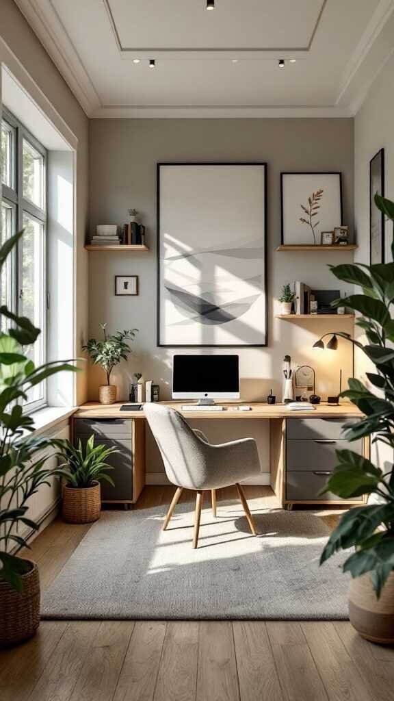 A modern home office with a cozy chair, desk, and plants.