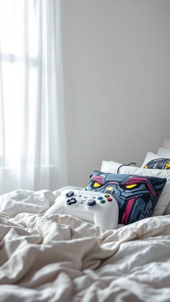 A cozy gaming bedroom featuring a controller on a bed with themed pillows.