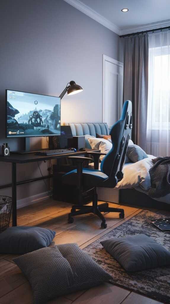 Cozy gaming bedroom with dark bedding and plush pillows