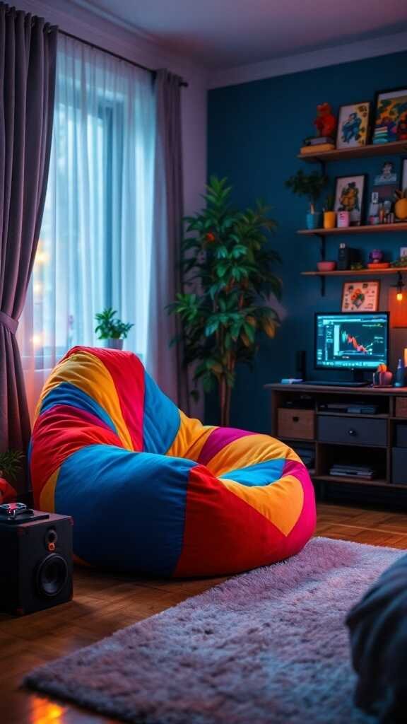 Colorful bean bag in a gaming bedroom with a cozy rug and plants