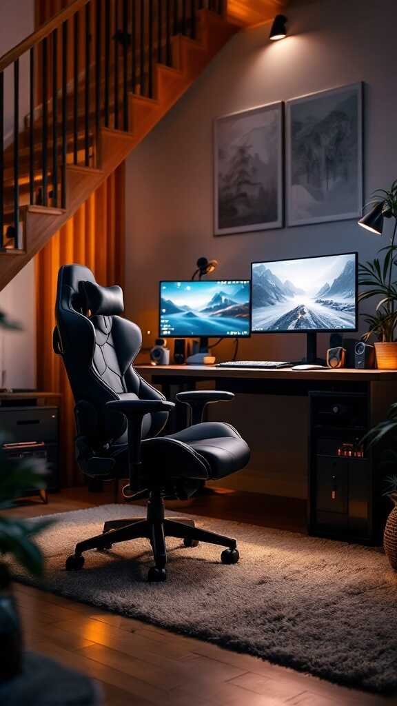 A stylish gaming setup featuring an ergonomic chair and dual monitors in a cozy room