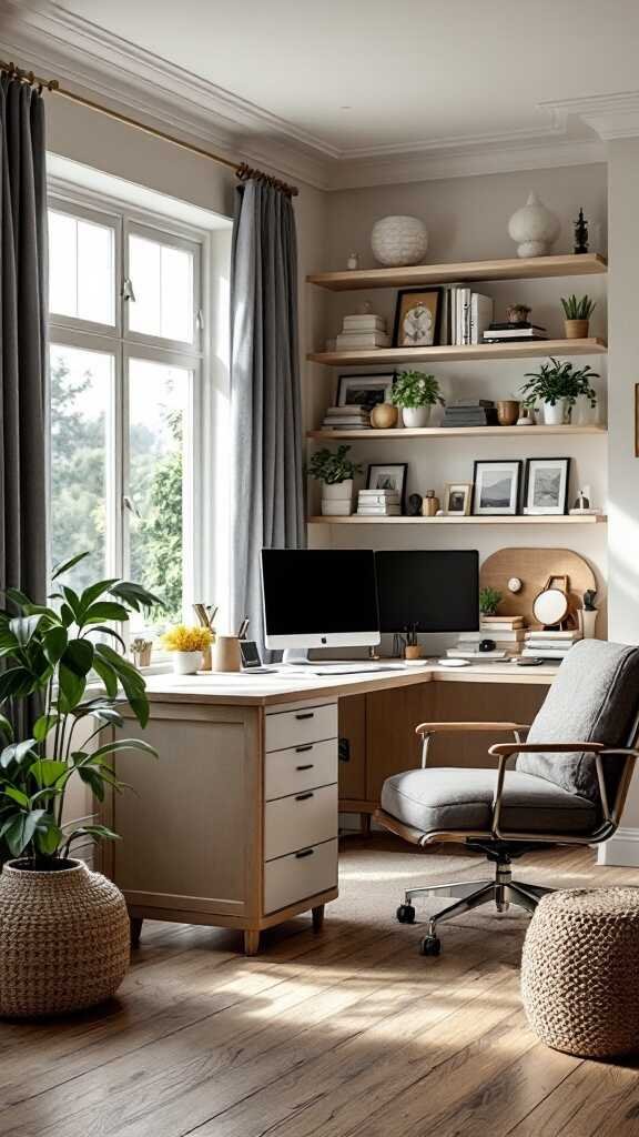 A modern home office featuring a stylish ergonomic chair, desk, and decorative items.