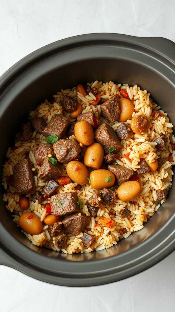 A bowl of beef and rice pilaf made in a slow cooker.