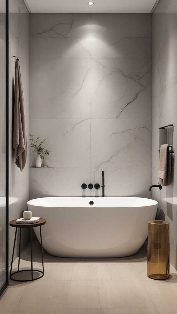 Modern small bathroom featuring a compact bathtub, minimalistic design, and elegant accessories.