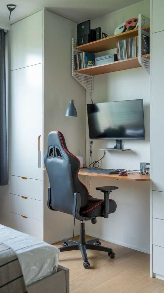 A compact gaming station in a stylish bedroom with a large monitor, ergonomic chair, and a small plant.