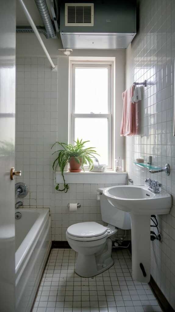 A modern small bathroom with a ceiling vent, small window, and sleek fixtures.