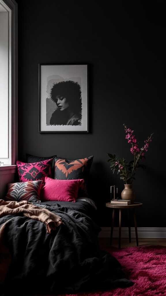 A cozy dark bedroom featuring vibrant pink pillows and decor against black walls.