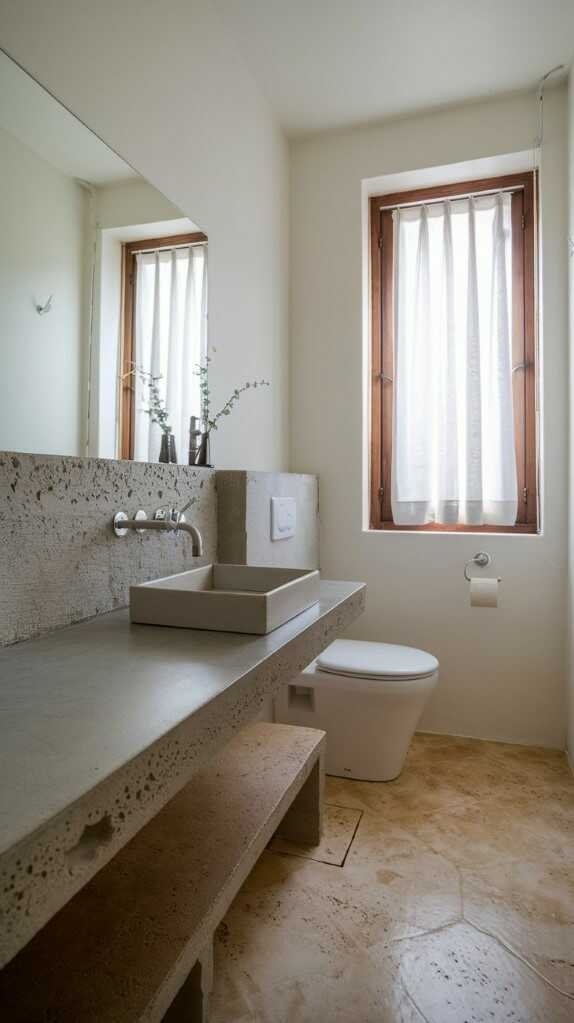 A modern small bathroom featuring a stylish stone countertop with a round basin and minimalist design.