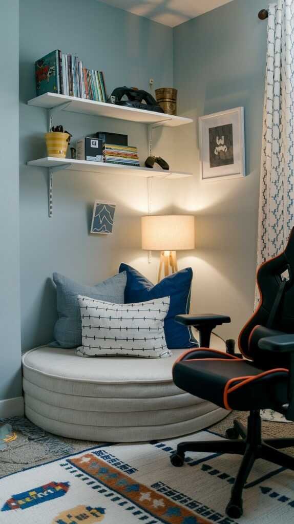 A cozy gaming corner with cushions, a throw, and natural light