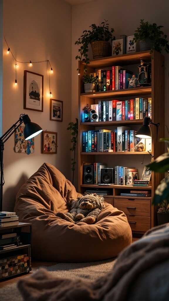 A cozy reading nook with a bean bag chair and a bookshelf filled with gaming and strategy guides, illuminated by warm lights.