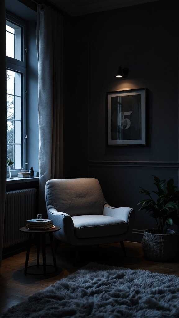 A cozy reading nook in a dark bedroom, featuring a plush chair, a side table with a drink, soft lighting, and a potted plant.