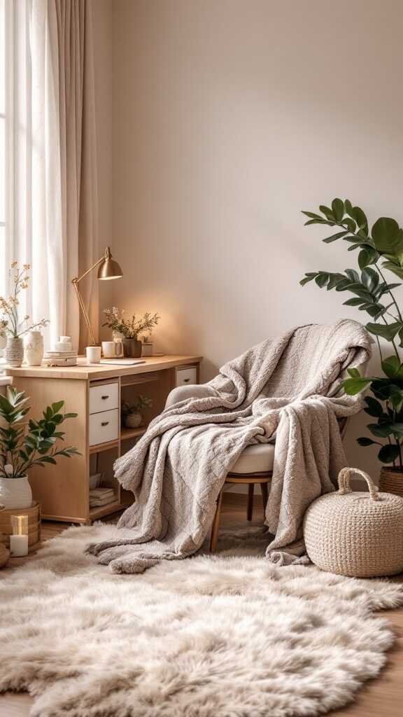 A cozy feminine home office with a comfortable chair, soft blanket, and fluffy rug.